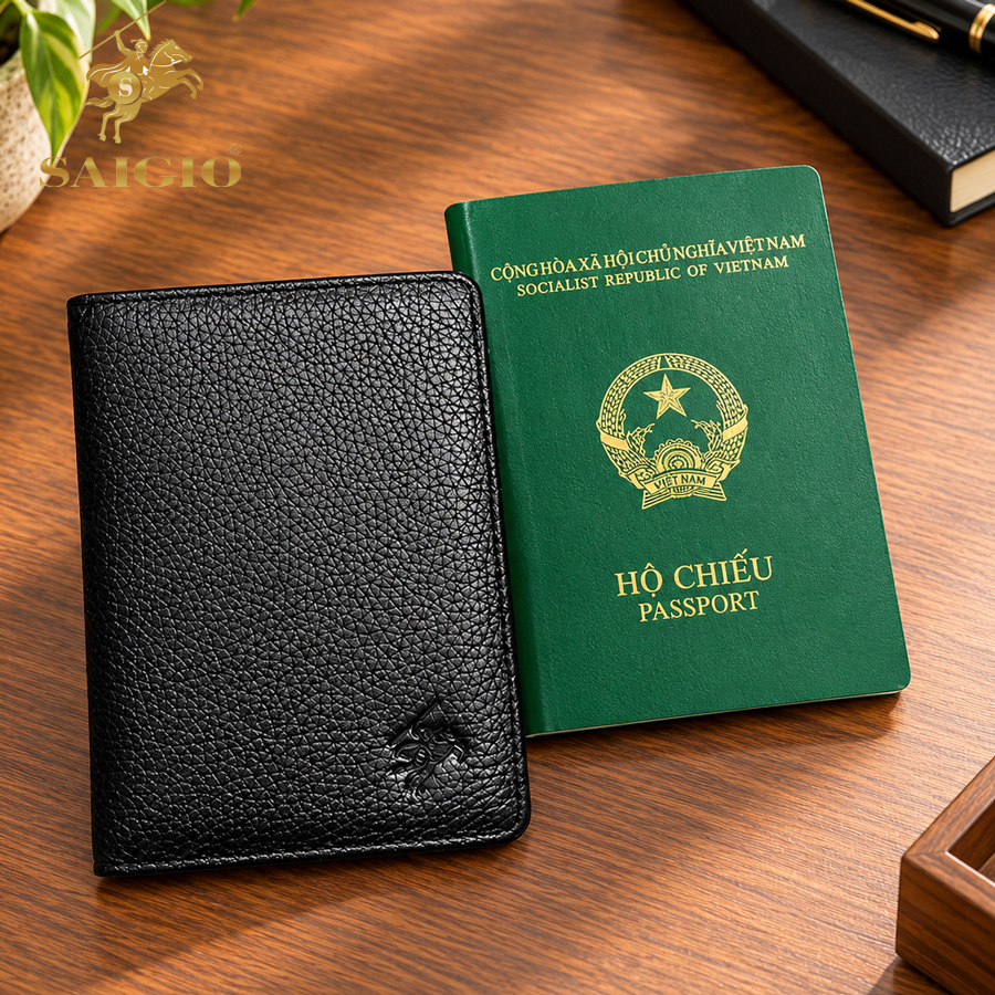 Ví Passport Da Bò PEBBLE Mềm Mại - Bền Bỉ, Chống Xước - Chống Nhăn Tốt, Thiết Kế Hiện Đại - Đa Năng, Đựng Được Nhiều Loại Hộ Chiếu, Nhiều Ngăn Thẻ ATM, Đựng Tiền, Vé Máy Bay, Tiện Dụng Khi Đi Du Lịch, Công Tác - Hàng Chính Hãng SAIGIO  - Màu Đen