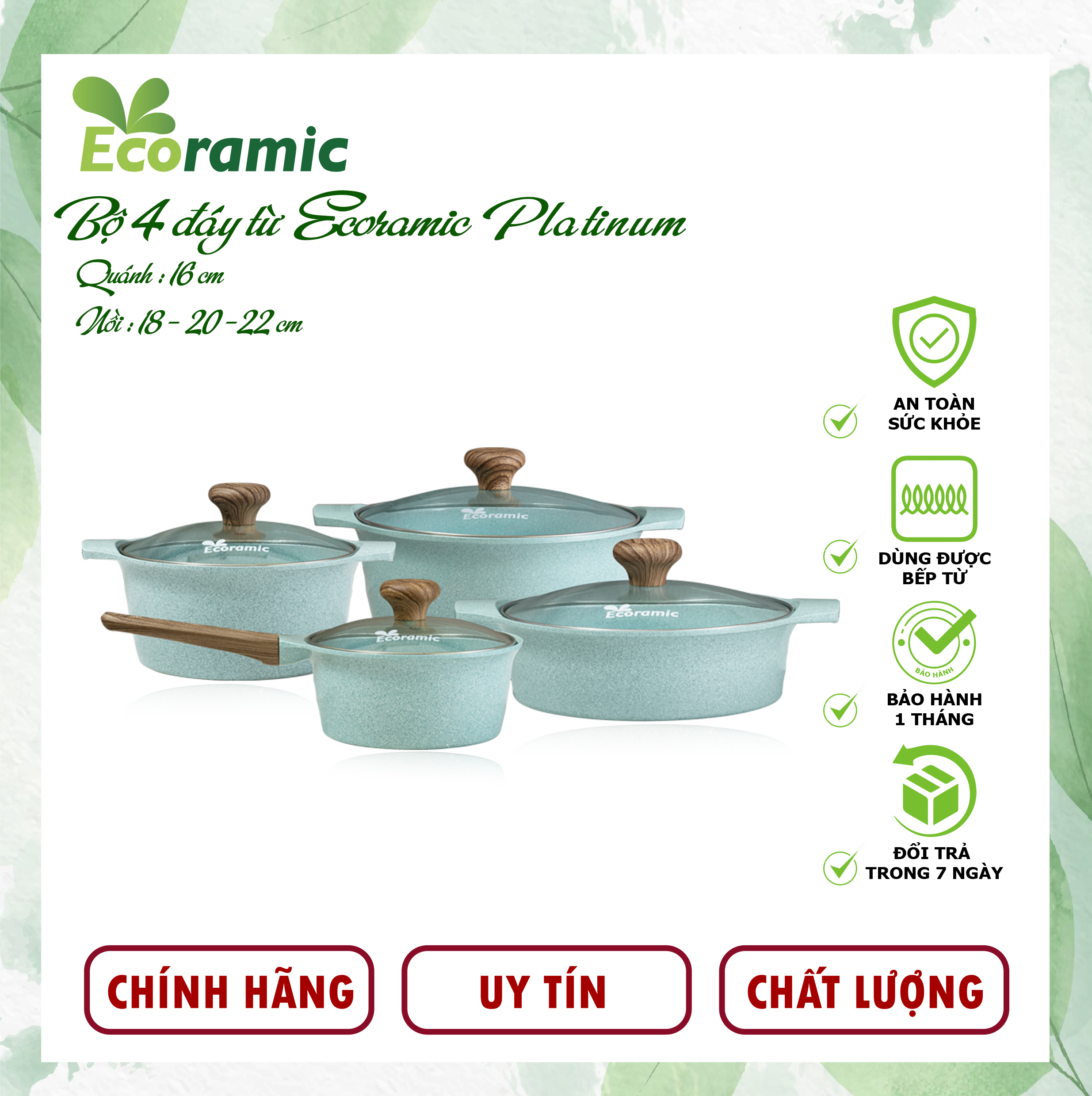 Bộ 4 Nồi Ecoramic Platinum Đáy Từ Chính Hãng Cao Cấp, Chống Dính, Siêu Bền, Bảo Hành 2 Tháng