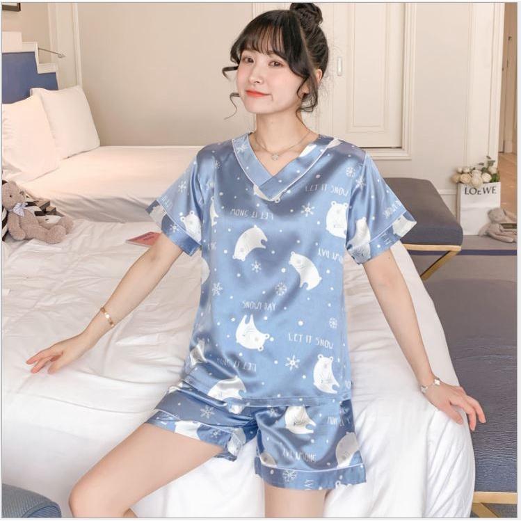 Đồ bộ lụa mặc nhà ngắn cổ V dễ thương Bộ pyjama ngắn siêu xinh