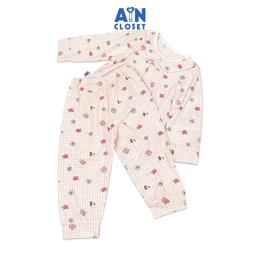 Bộ quần áo Dài bé gái họa tiết Nhà Caro Hồng thun cotton - AICDBGKIDM6U - AIN Closet