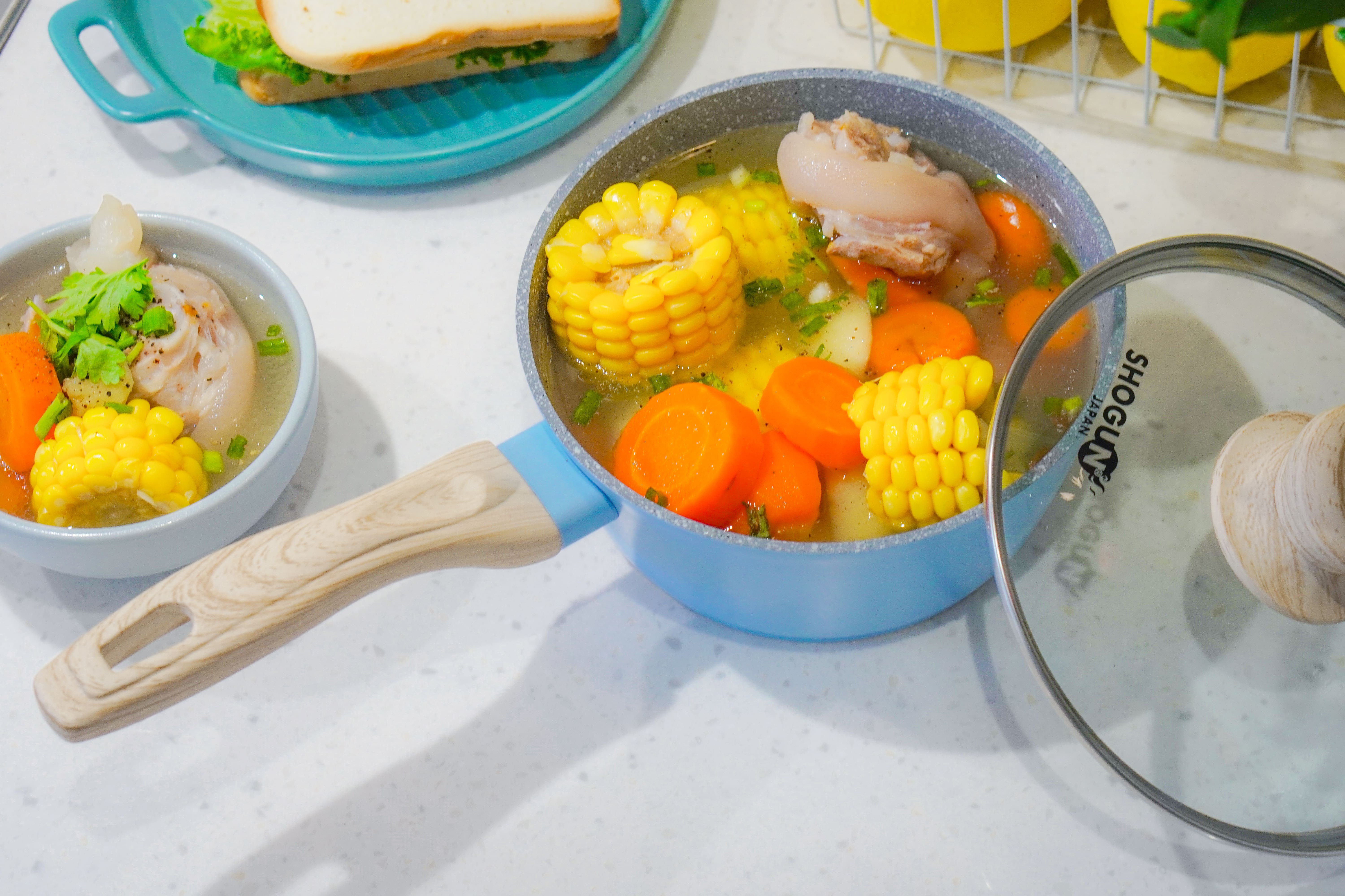 Bộ nồi chảo chống dính Ceramic đáy 6 lớp ăn dặm cho bé La gourmet Baby set màu xanh - sử dụng được tất cả loại bếp - 417886