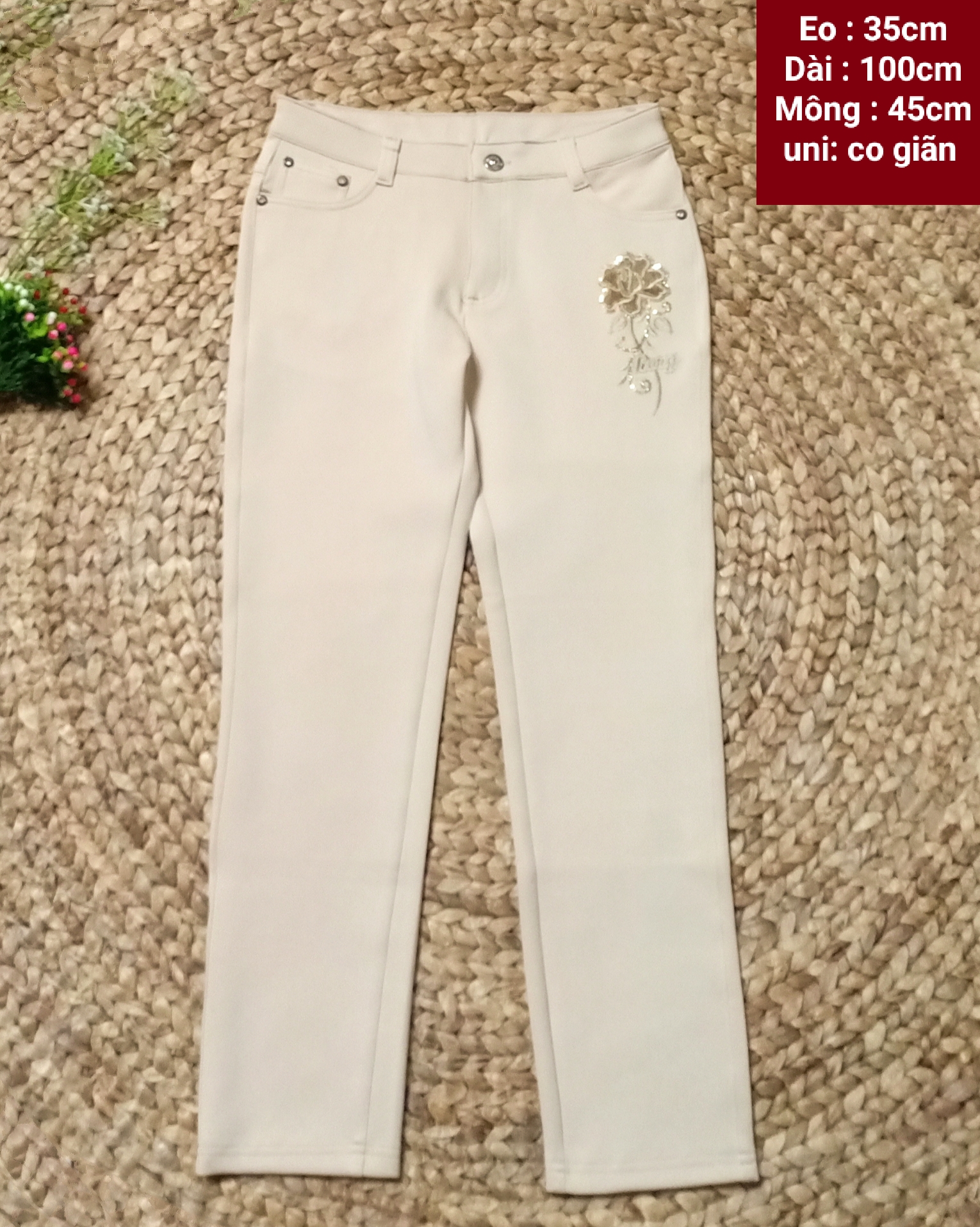 Quần Jean Cotton Đính Đá Màu Kem