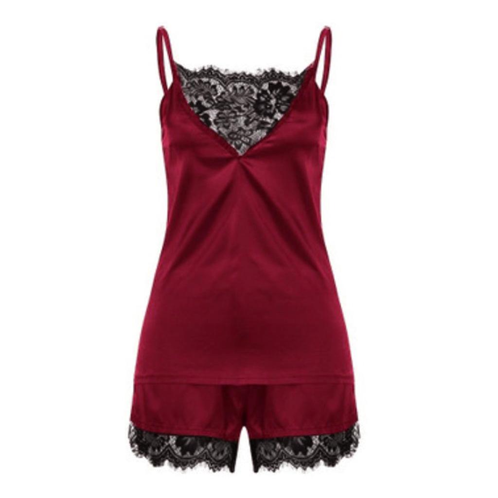 Wine Red Women's Lace Satin Sleepwear Cami Top and Shorts Pajama S