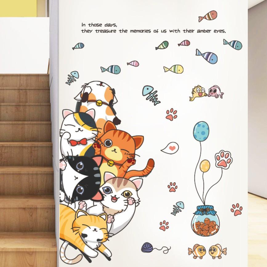 Decal dán tường trang trí - 6 CHÚ MÈO TINH NGHỊCH ĐÁNG YÊU