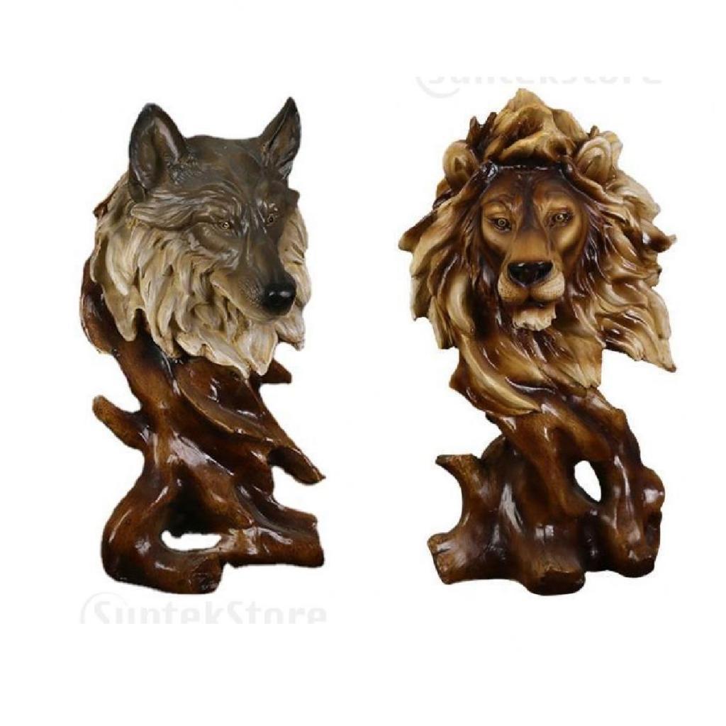 2x Animal Head Statue Decoration Desktop Figurine Retro Sculpture Gift
