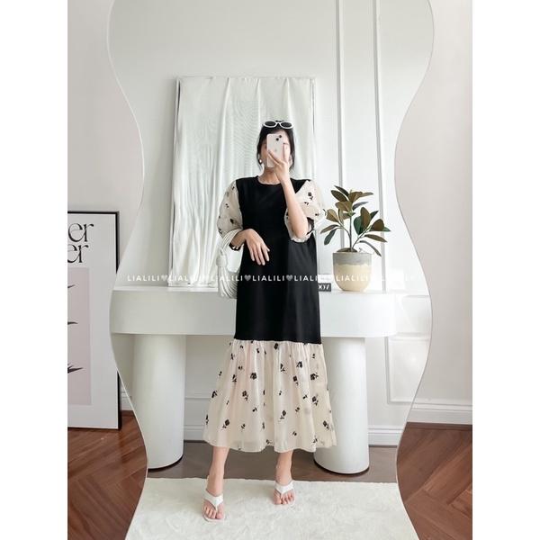 Đầm thun phối voan , form rộng thoải mái