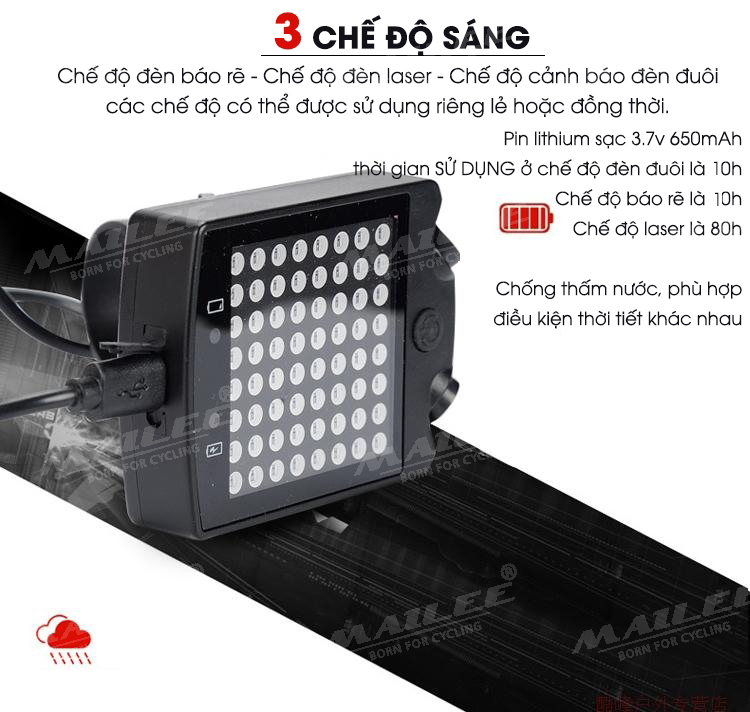 Đèn Đuôi Xe Đạp Led Xi nhan A112 64 bóng led với màn hình đa hiển thị nhiều mẫu dung lượng 650mAh có remote không dây Mai Lee