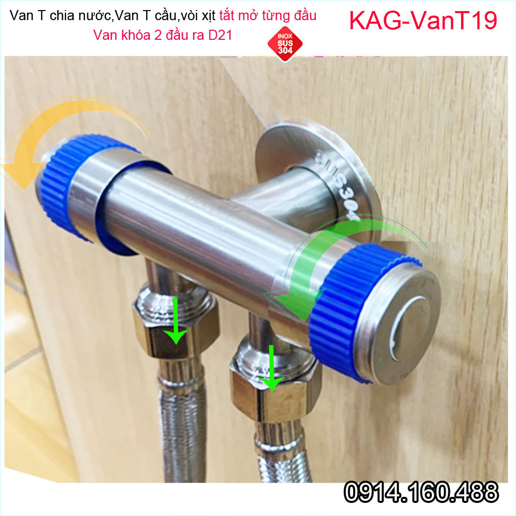 Van T chia nước vòi xịt bồn cầu sus304 KAG-VanT19, van khóa 2 đầu D21 dùng nhà tắm- chia nước tưới cây sân vườn siêu bền sử dụng tốt