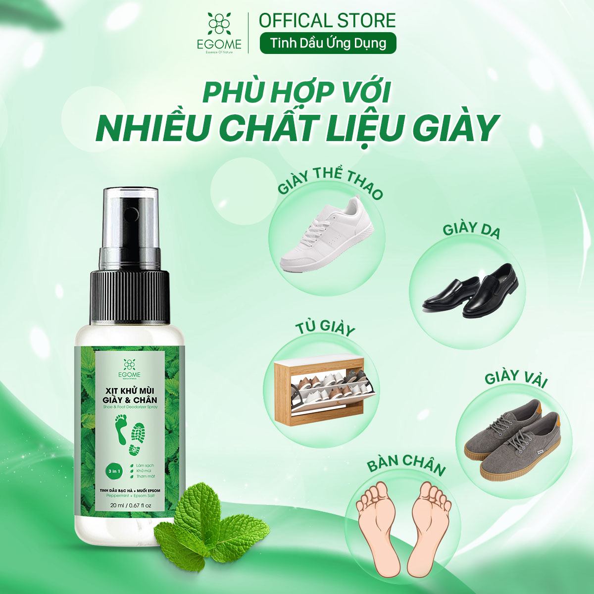 Xịt Khử Mùi Giày Và Chân Egome Tinh Dầu Bạc Hà làm sạch và thơm mát 20ml