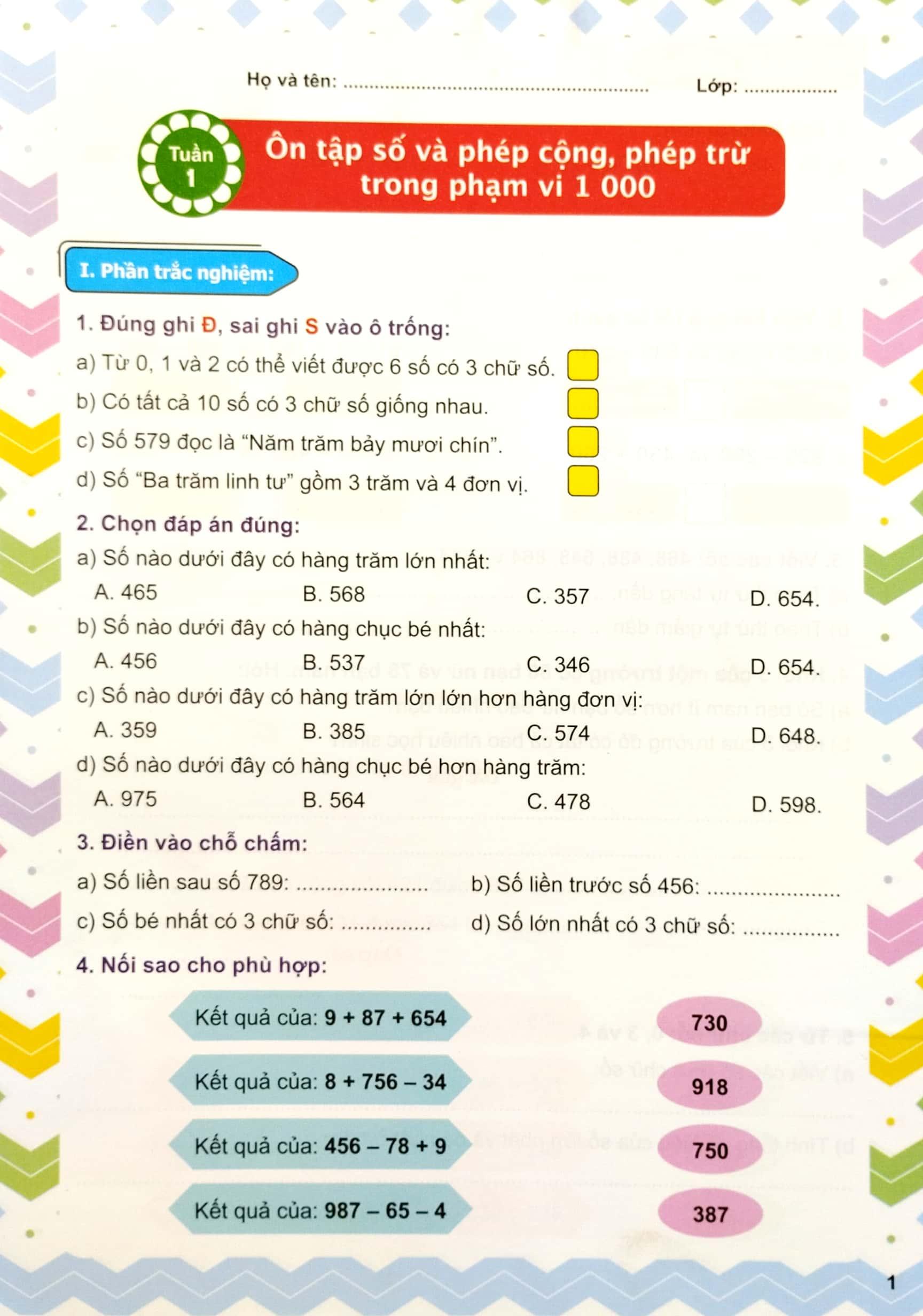 Phiếu Ôn Tập Cuối Tuần Môn Toán Lớp 3