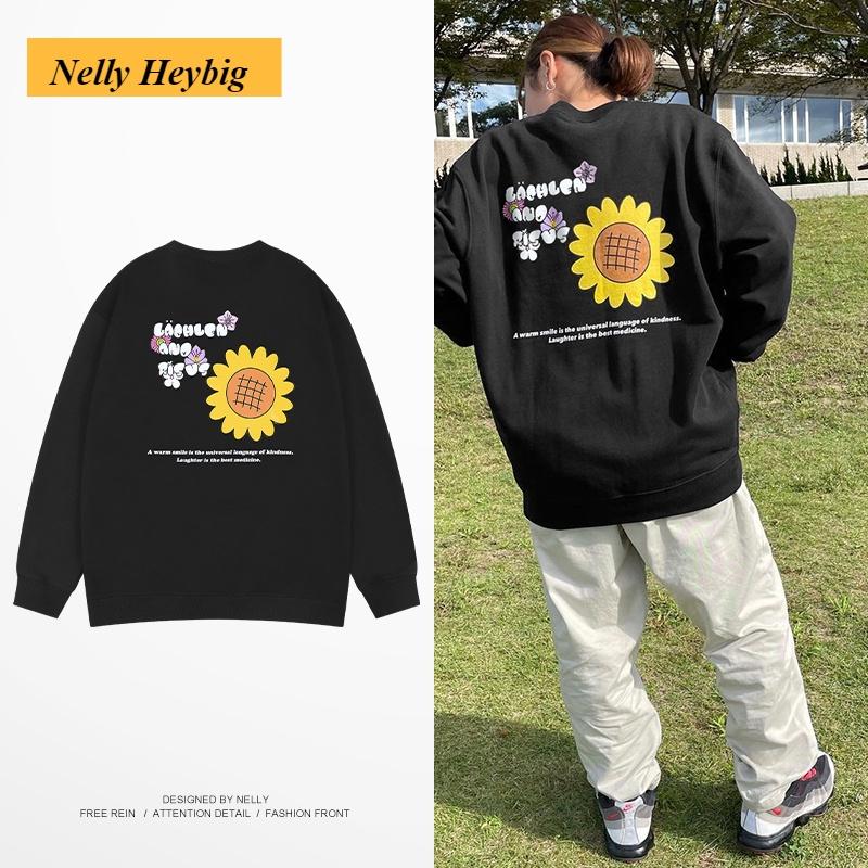 Áo Hoodie Nelly Heybig Dày Dặn Giữ Ấm Cổ Tròn Họa Tiết Hoa Hướng Dương Thu Đông