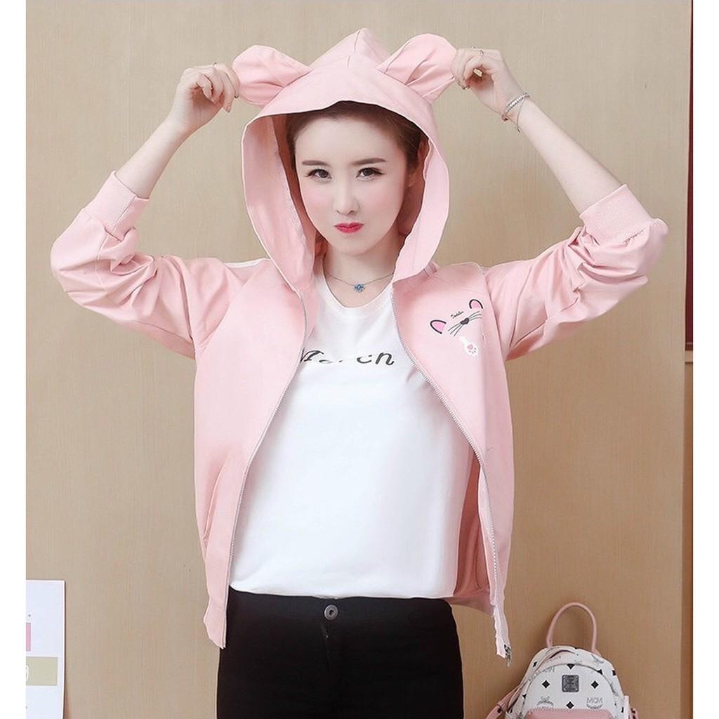 Áo khoác nữ hồng dù 2 lớp unisex - Hoodie có mũ nón bomber form rộng chống nắng mùa đông tai thỏ, tai mèo