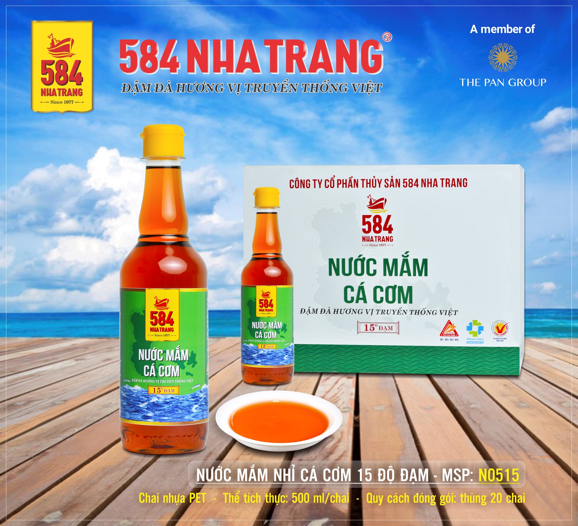 Thùng 20 chai Nước mắm Cá cơm 15 độ đạm- 584 Nha Trang, Chai 500ml, Date luôn mới nhất