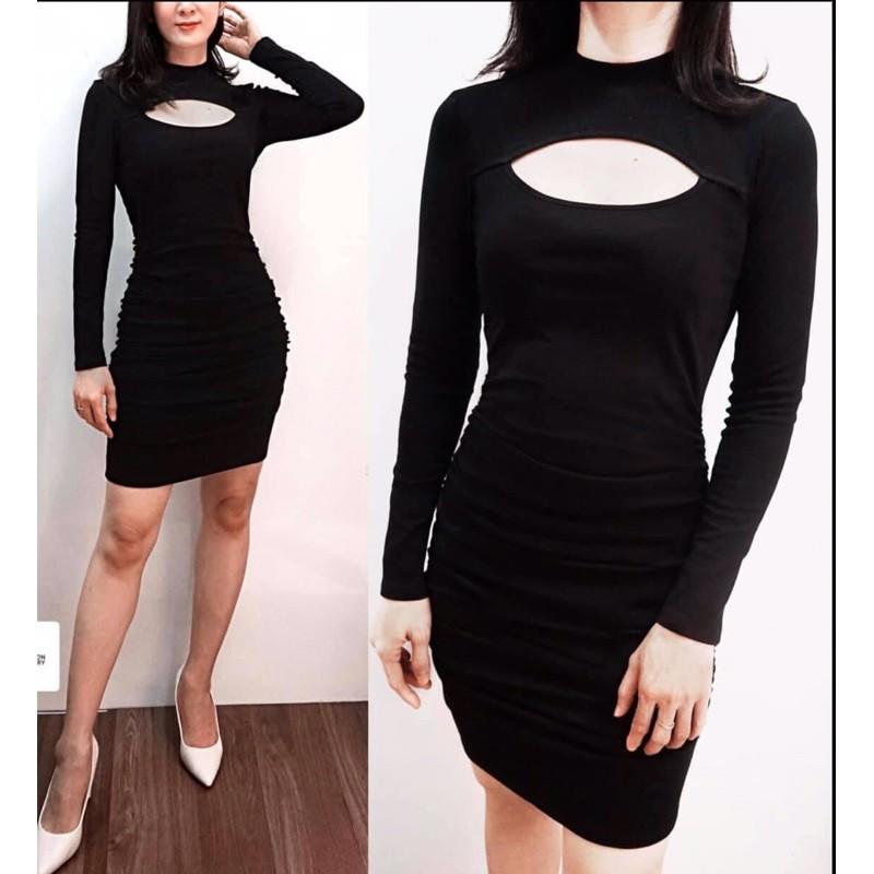 F998 Đầm ôm cổ cao 3cm tay dài cut out ngực nhún eo trước sau