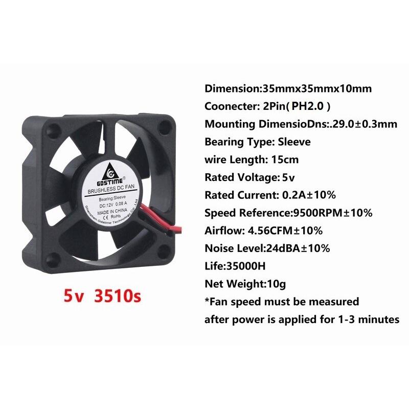 Gdstime 1 Pieces 2Pin 2.0 DC 5V 35mmx35mmx10mm Brushless Cooling Fan 35mm x 10mm 3510 Mini Cooler 3.5cm 35x35x10mm
