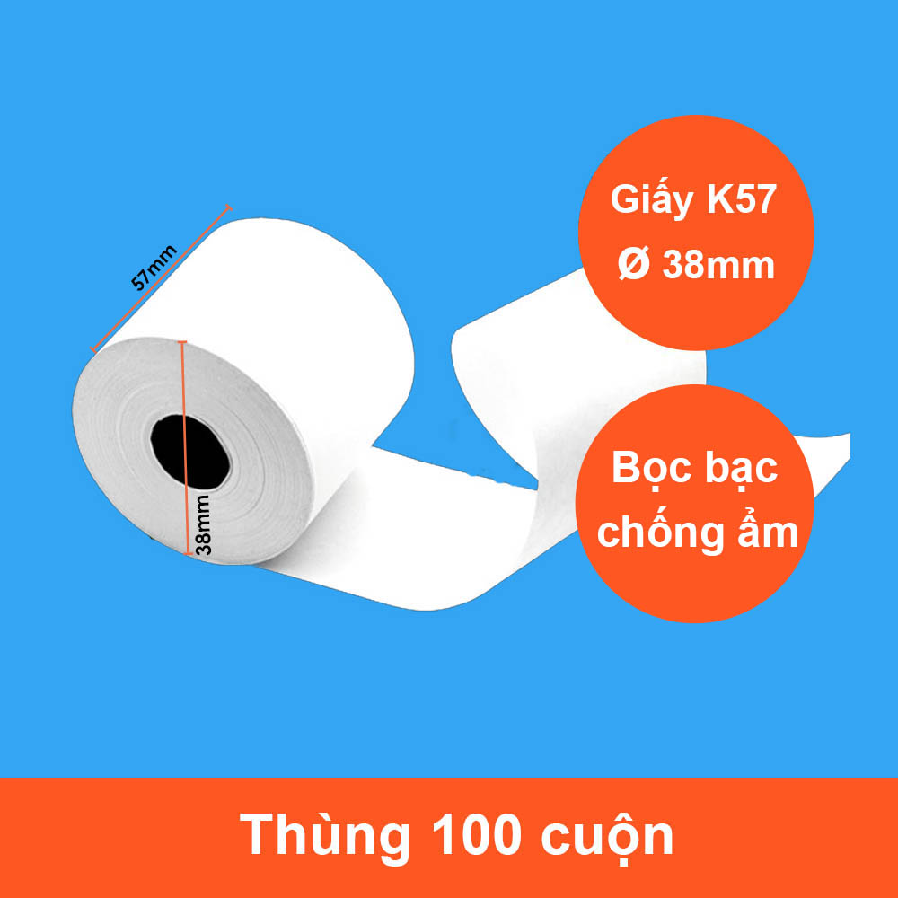 100 Cuộn Giấy In Hóa Đơn K57 Phi 38 Cho Máy In Nhiệt