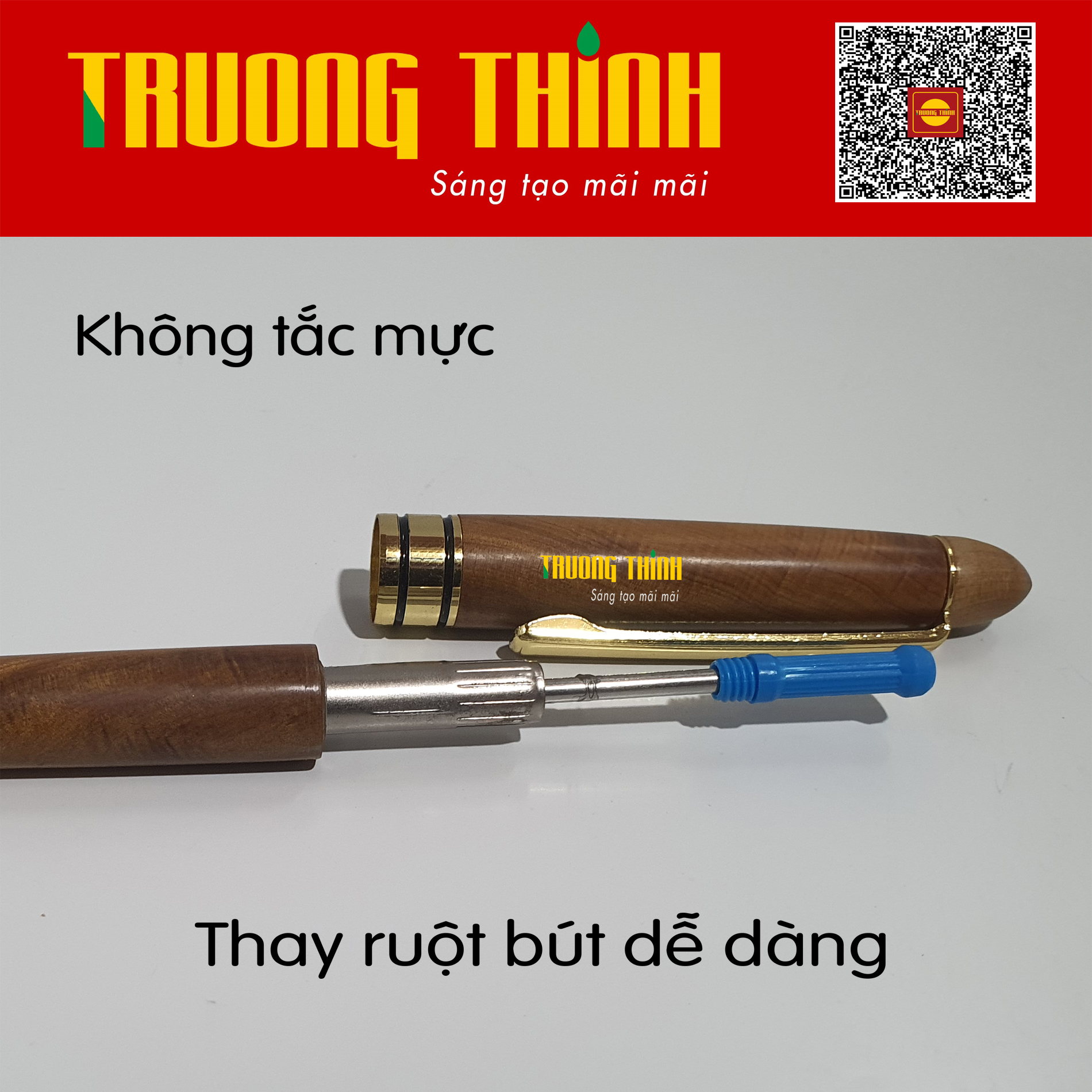 Bút Ký Gỗ Bách Xanh Cao Cấp Trường Thịnh Chính Hãng Đẳng Cấp Doanh Nhân Gắn Đồng Nguyên Khối. Loại Rút 14.5 cm