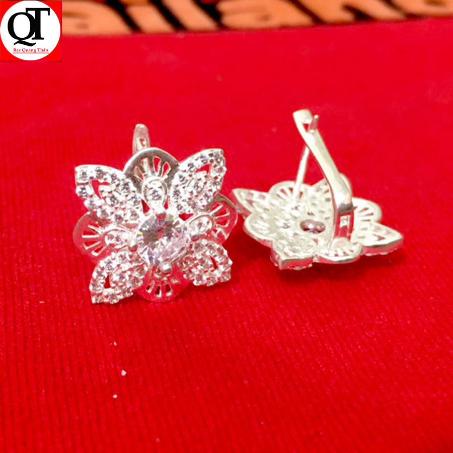 Bông tai nữ Bạc Quang Thản kiểu khuyên đeo sát tai bản vuông mặt phay hoa văn sáng bóng chất liệu bạc thật không xi mạ