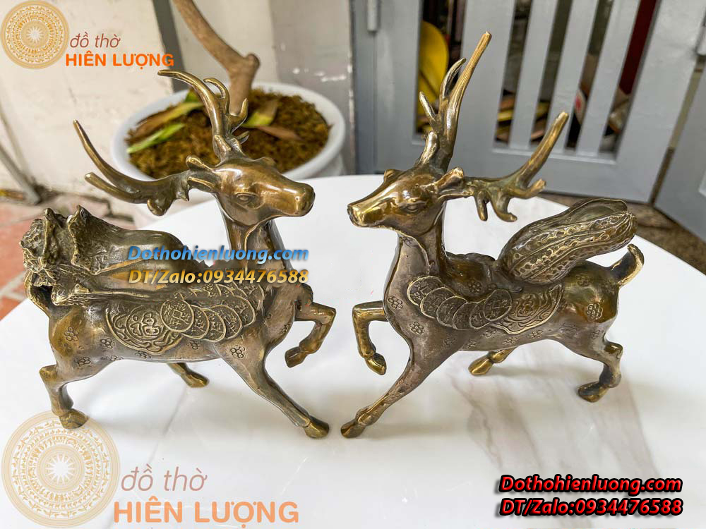 Đôi Hươu Cõng Củ Cải Và Củ Lạc Màu Giả Cổ Bằng Đồng Nguyên Chất Kích Thước 18x22cm, Nặng 1,6kg/đôi - Đồ Thờ Hiên Lượng