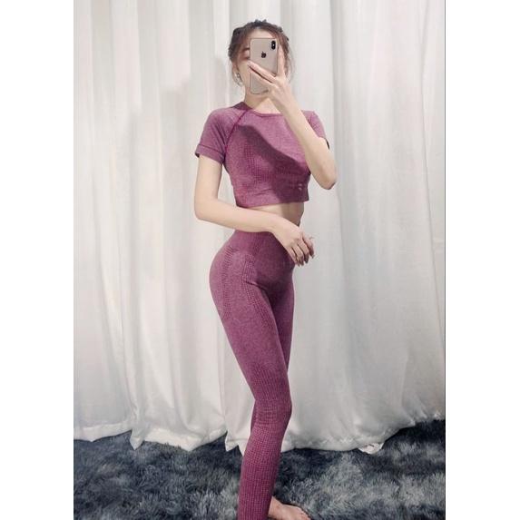 Bộ đồ tập gym nữ 3 món | quần dài legging, áo croptop tay ngắn, bộ tập yoga dệt kim co giãn 4 chiều SET03