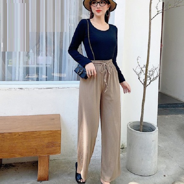 Quần suông nữ chất thun gân thiết kế dây tôn dáng