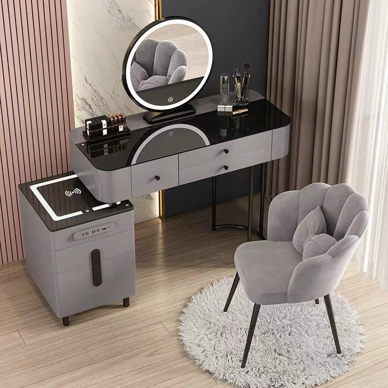 Bàn trang điểm gương đèn led cảm ứng kèm tủ tab sạc không dây kết hợp đèn ngủ