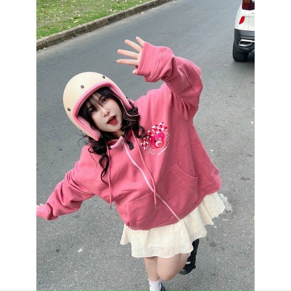 ÁO HOODIE - ÁO KHOÁC NỈ NGOẠI Dây full zip HOOIDE MỚI in GẤU HỒNG LOTSO mẫu 2