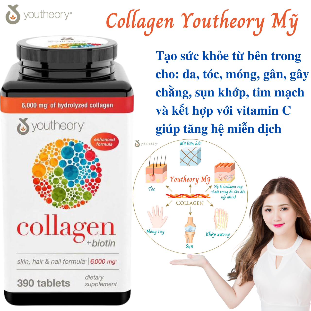 Collagen Vitamin C Youtheory Mỹ Tạo Sức Khỏe Từ Bên Trong Cho Da, Tóc, Móng, Gân, Dây Chằng, Sụn, Khớp Xương, Tim Mạch Và Tăng Hệ Miễn Dịch - Hộp 390 Viên