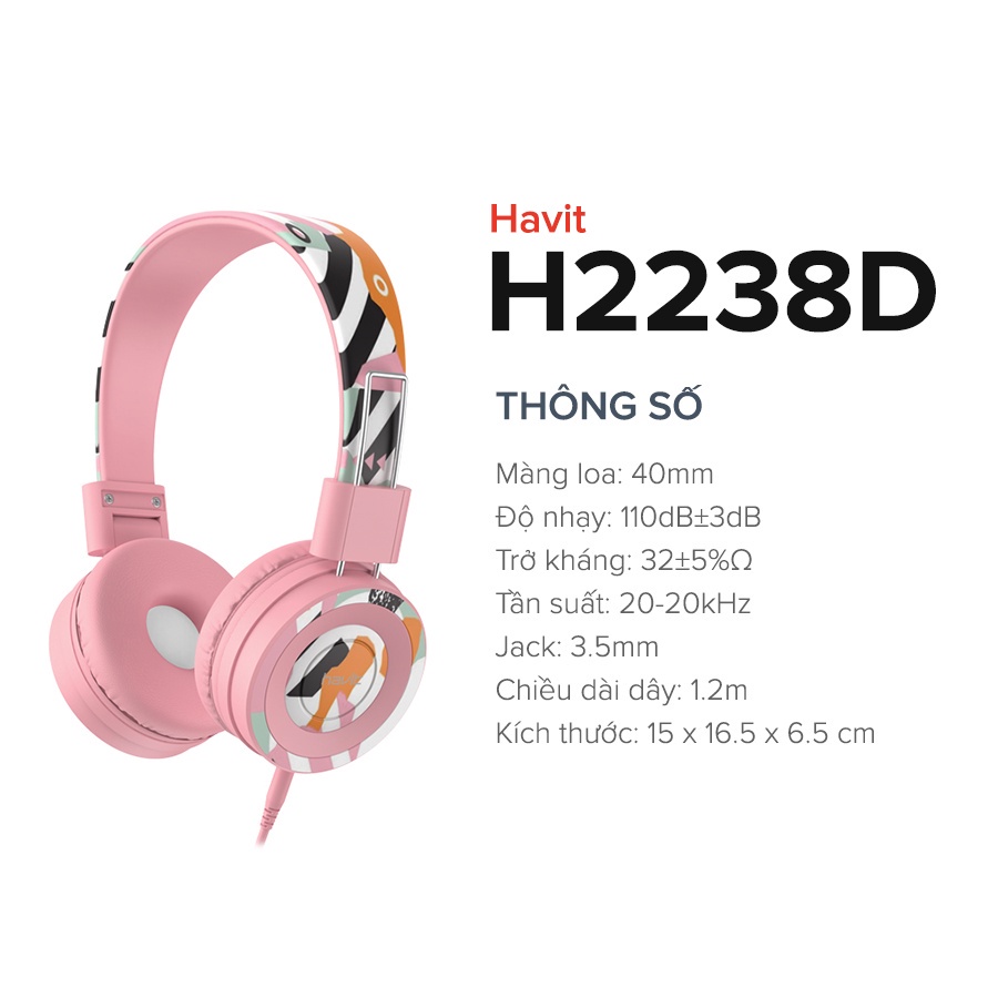 Tai Nghe Headphone Chụp Tai Havit H2238D, Màu Sắc Thời Trang, Driver 40mm Âm Thanh Sống Động - Hàng Chính Hãng