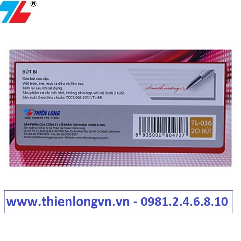 Hộp 20 cây bút bi 0.7mm Thiên Long - TL036 màu đỏ