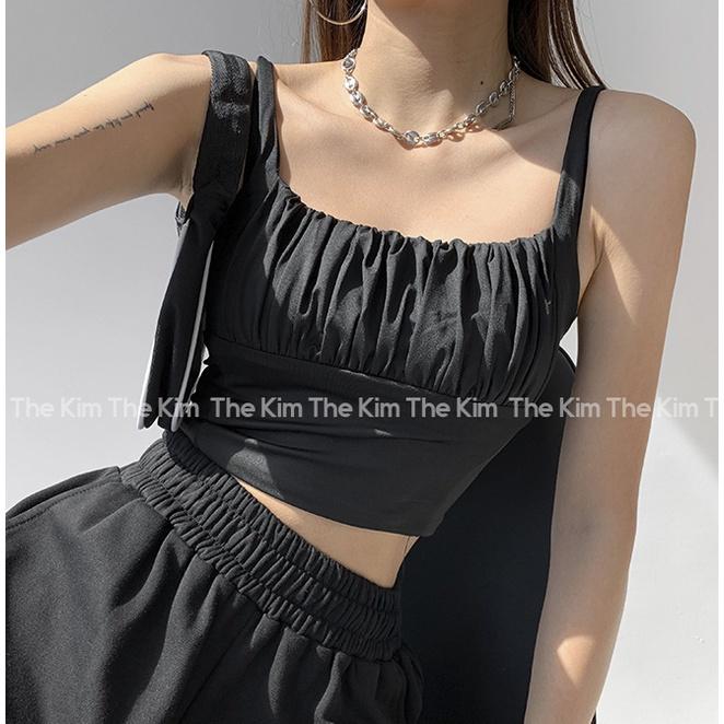 ┇✗Áo 2 dây cổ U nhún ly ngực croptop , thun chất cotton co giãn tôn dáng The Kim A102