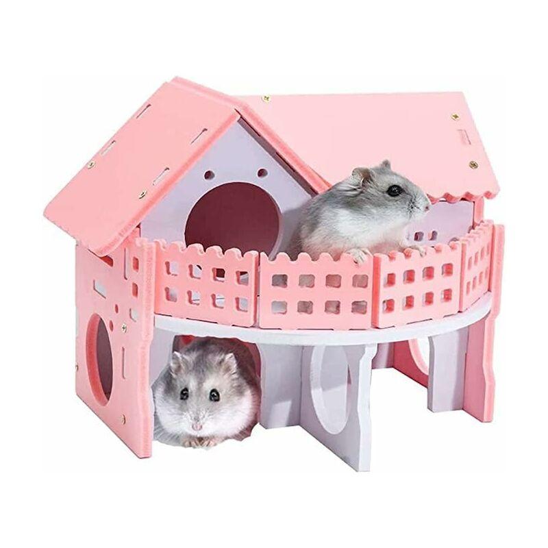 Ngôi nhà bằng gỗ cho chuột đồng, nhà thú cưng nhỏ màu hồng Nhà hai lớp Balcony Đồ chơi cho chuột đồng 17 x 15 x 15 cm