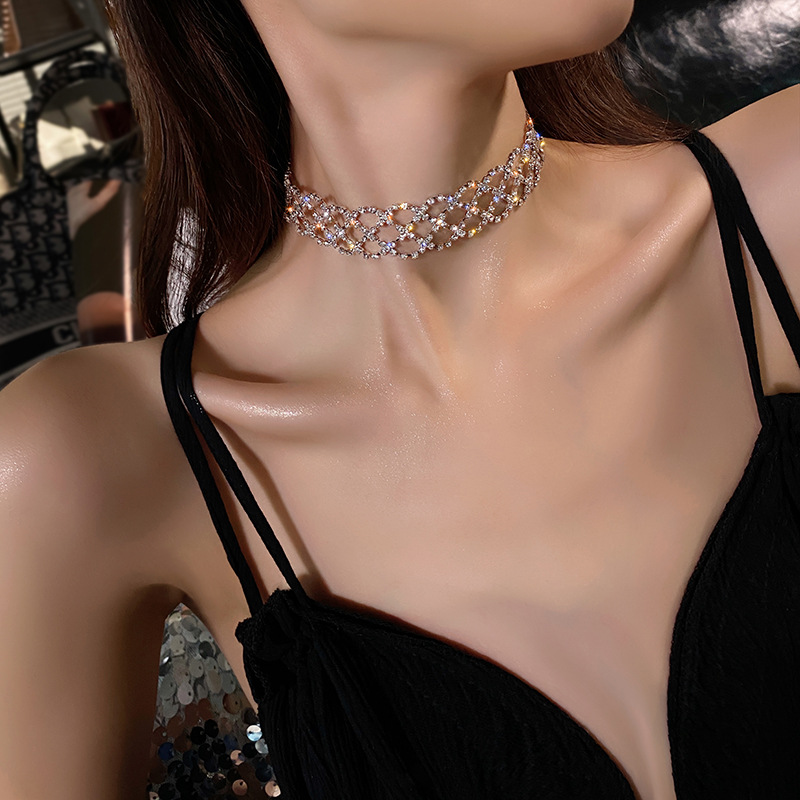 Vòng cổ dây chuyền nữ đính đá, vòng cổ choker đính đá đan xen mắt lưới, phụ kiện thời trang đi tiệc sang chảnh