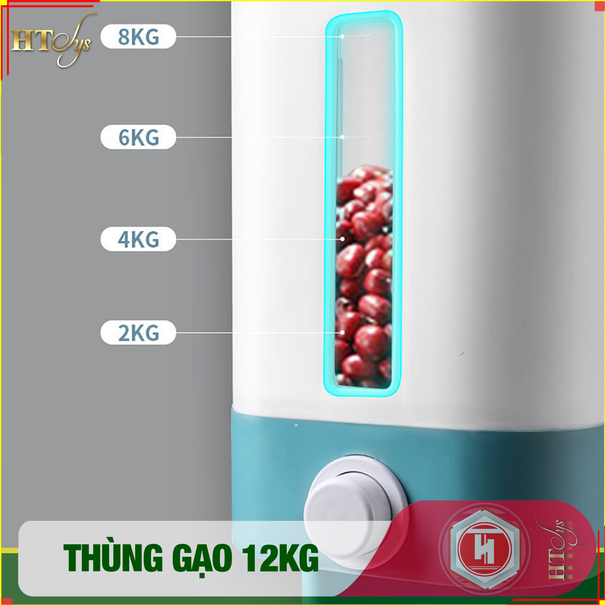 01 Thùng đựng gạo thông minh 12kg HT SYS, thiết kế dạng nhấn nút, chất liệu ABS cao cấp + 01 Vỉ móc Vàng Tài Lộc + 04 Khăn lau siêu thấm