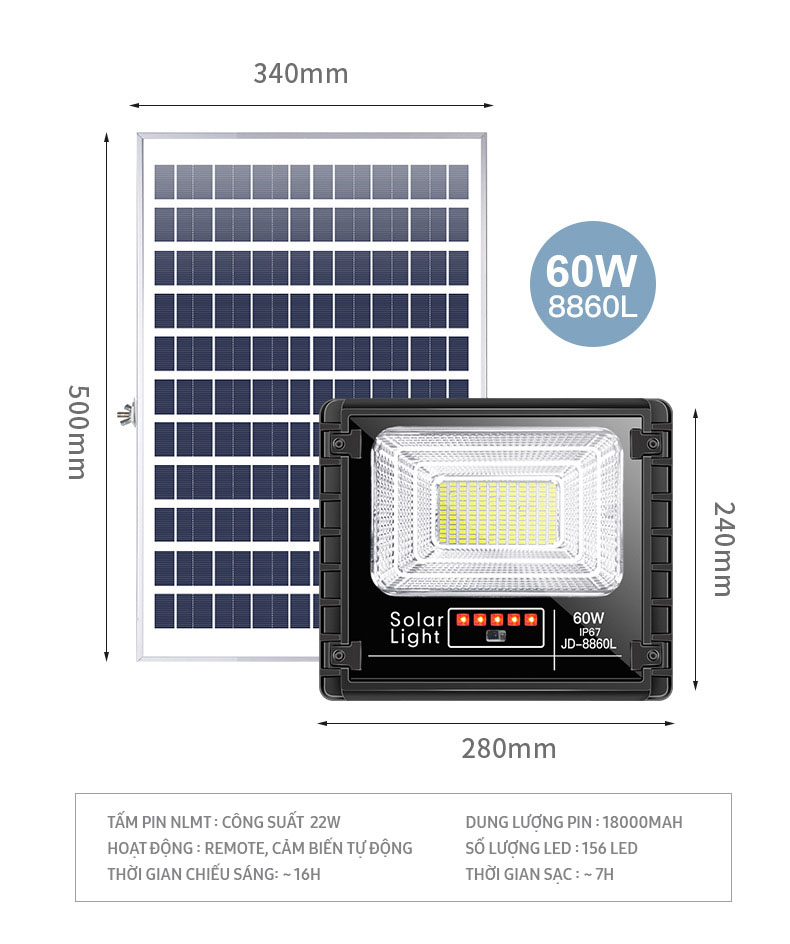 Đèn pha năng lượng mặt trời JINDIAN nhôm đúc nguyên khối, công suất 60W, Model: JD-8860L NÂNG CẤP 2020