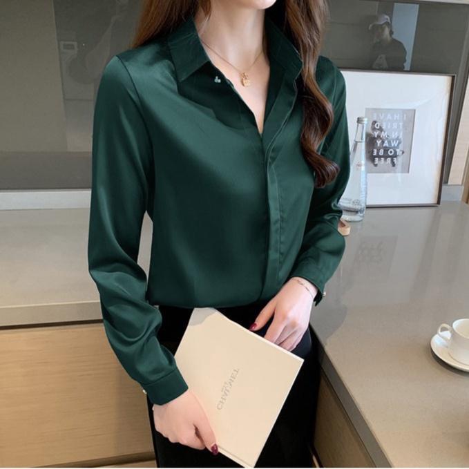 Áo Sơ Mi Nữ Công Sở Màu Xanh Lá Cổ Đức CHIPY Kiểu Hàn Quốc Vintage Ulzzang Form Rộng Dài Tay Đẹp Chất Lụa Cao Cấp A2X