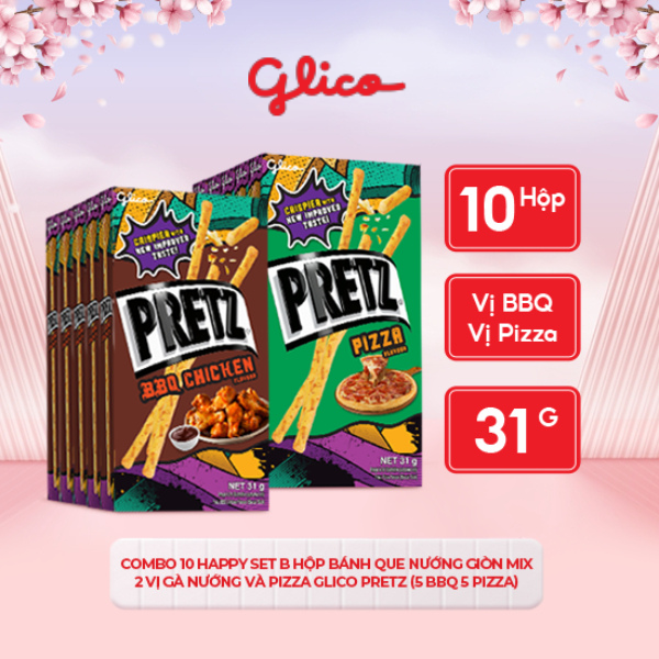 Bánh qua nướng giòn mix 2 vị gà nướng và pizza GLICO Pretz (Combo Happy Set B 10 hộp - 5 BBQ 5 pizza)