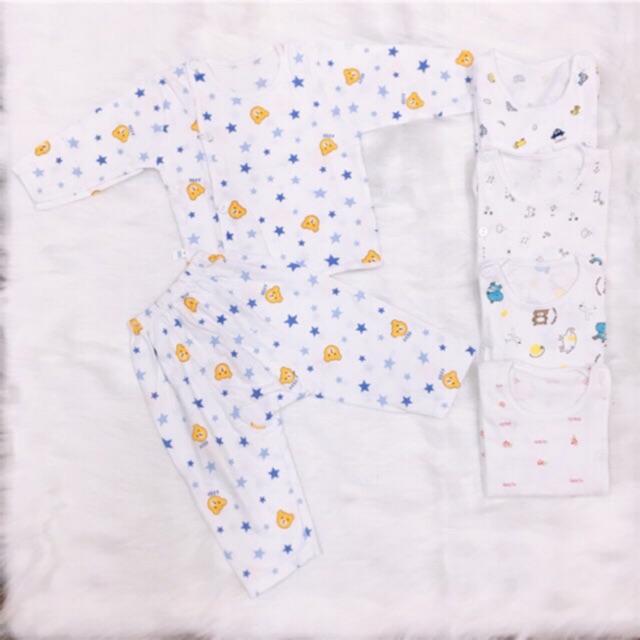 (MS39)Bộ sơ sinh cotton BABY thu đông dài tay quần đáp đũng bo gấu cho bé 3-9kg