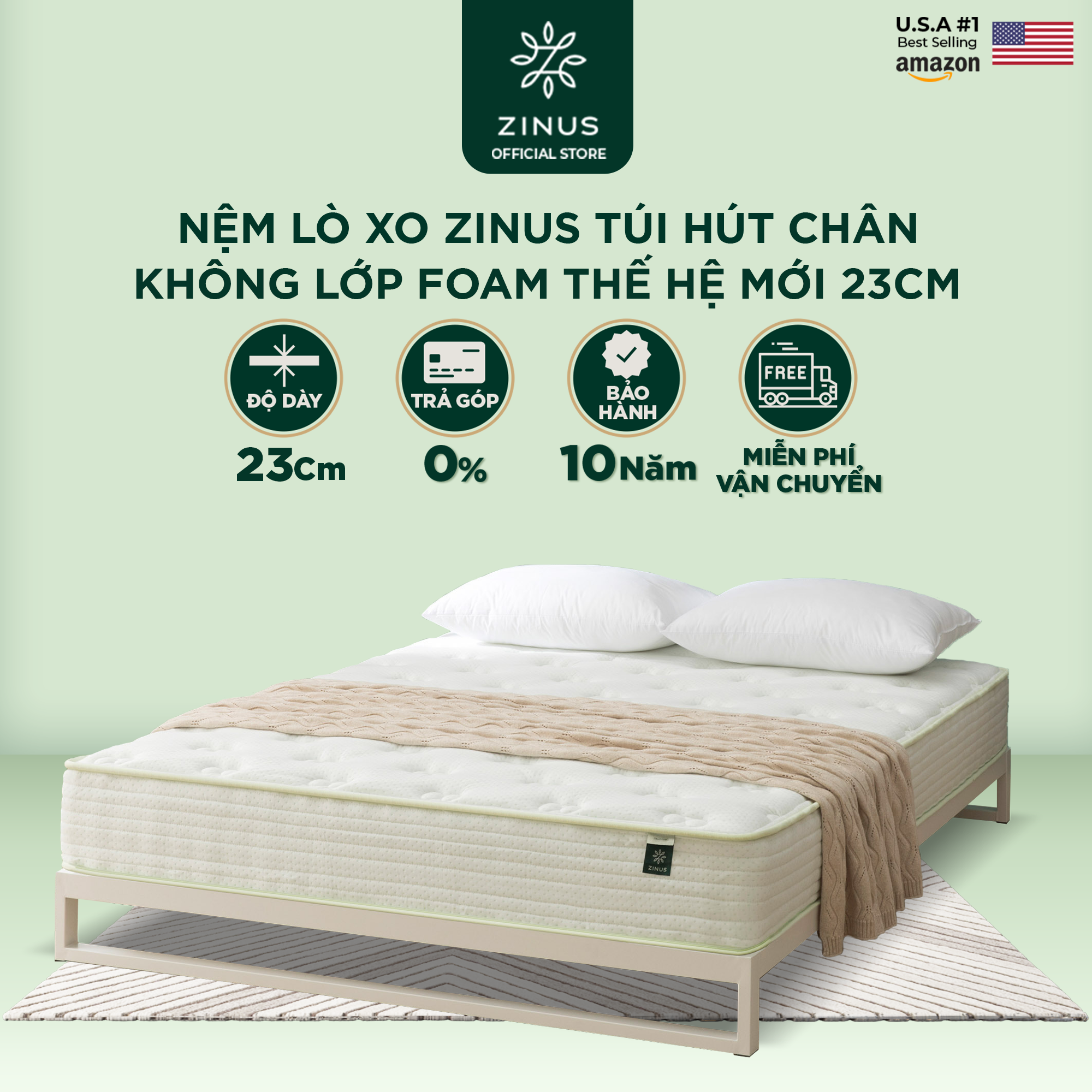 Nệm Lò Xo Zinus Túi Hút Chân Không Cao Cấp 23cm