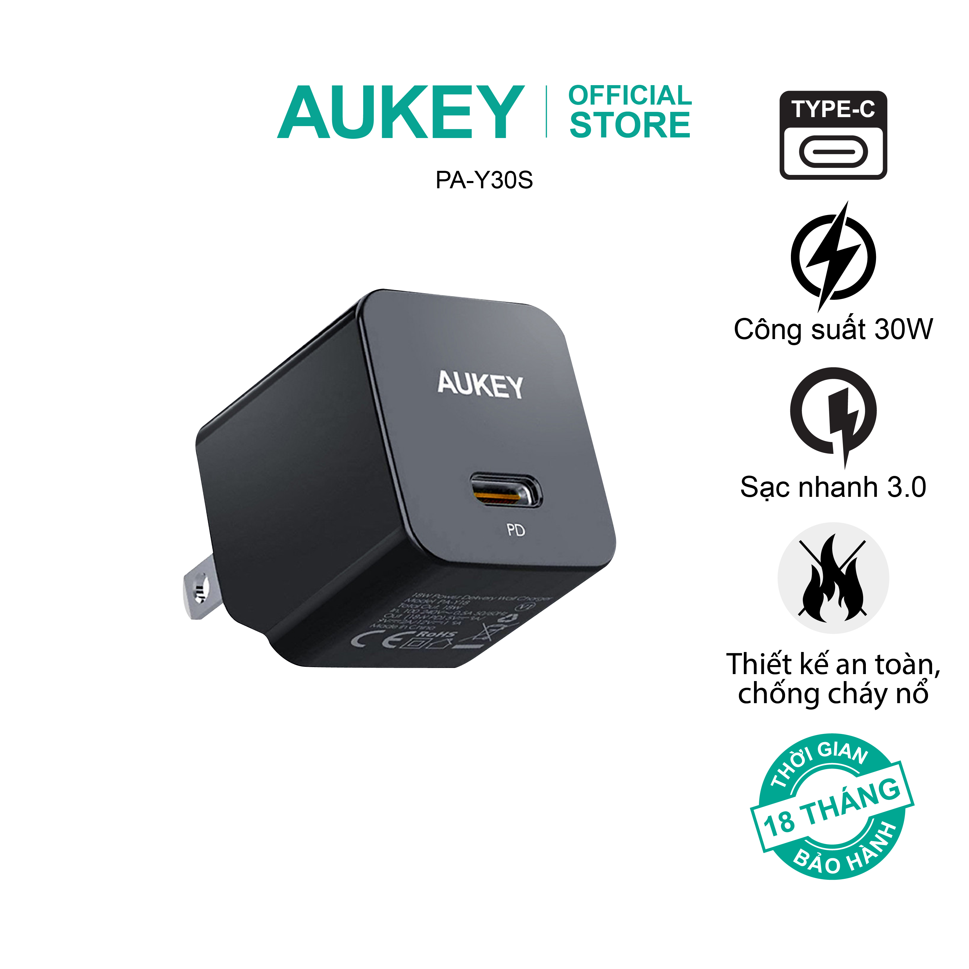 Combo bộ sạc Aukey cho Iphone củ sạc PA-Y30S 30W và cáp sạc CB-CL3 hàng chính hãng