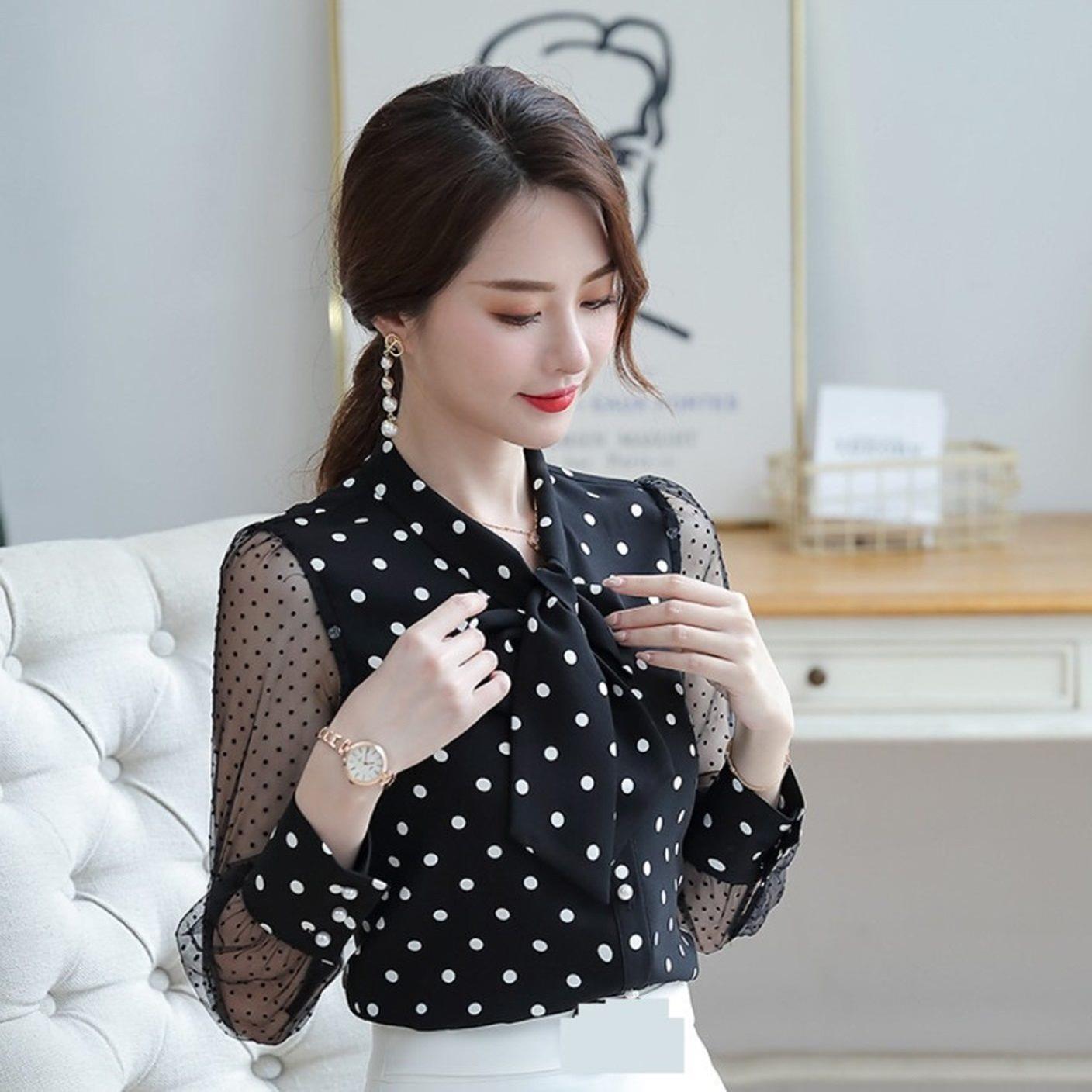 Nữ Áo Nữ Áo Kiểu Áo Bi Cổ Nơ Tay Voan Duyên Dáng - N594