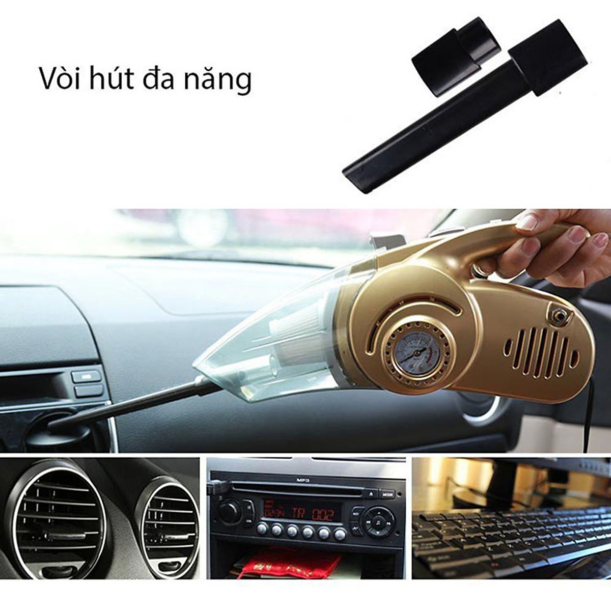 Máy hút bụi ô tô ,kiêm bơm lốp, đo áp suất lốp và đèn chiếu sáng, máy hút bụi ô tô đa năng, hút bụi ô tô 4 in 1, máy hút bụi ô tô cầm tay đa năng, máy hút bụi ô tô cầm tay 4 in 1