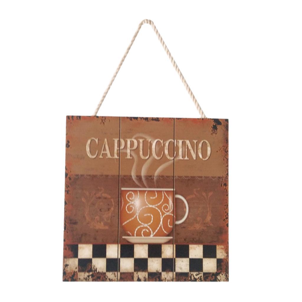 Wooden Wall Art Coffee Plaque Sign with Rope for Cafe Bar Decoration A