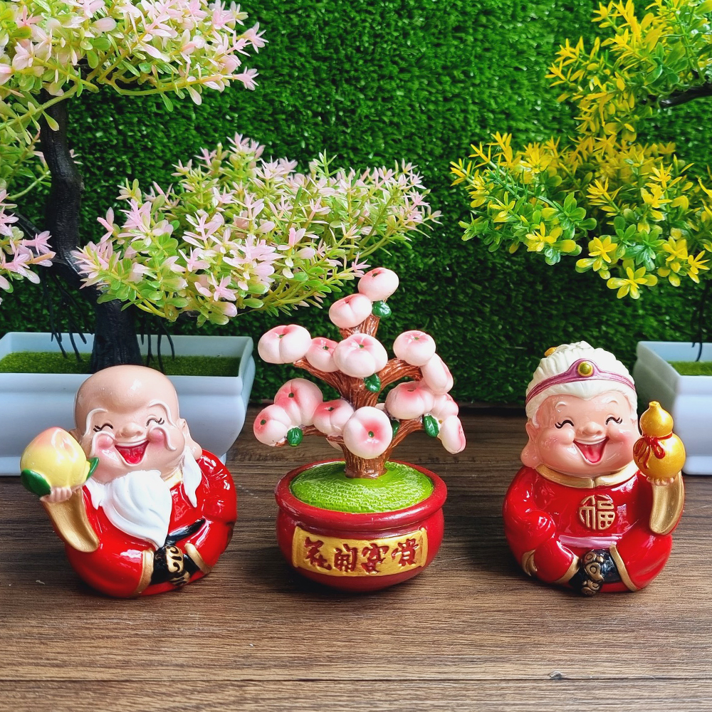 Bộ 02 tượng Ông Bà Thọ / Bách Niên Giai Lão 7cm kèm chậu đào trường thọ 10cm