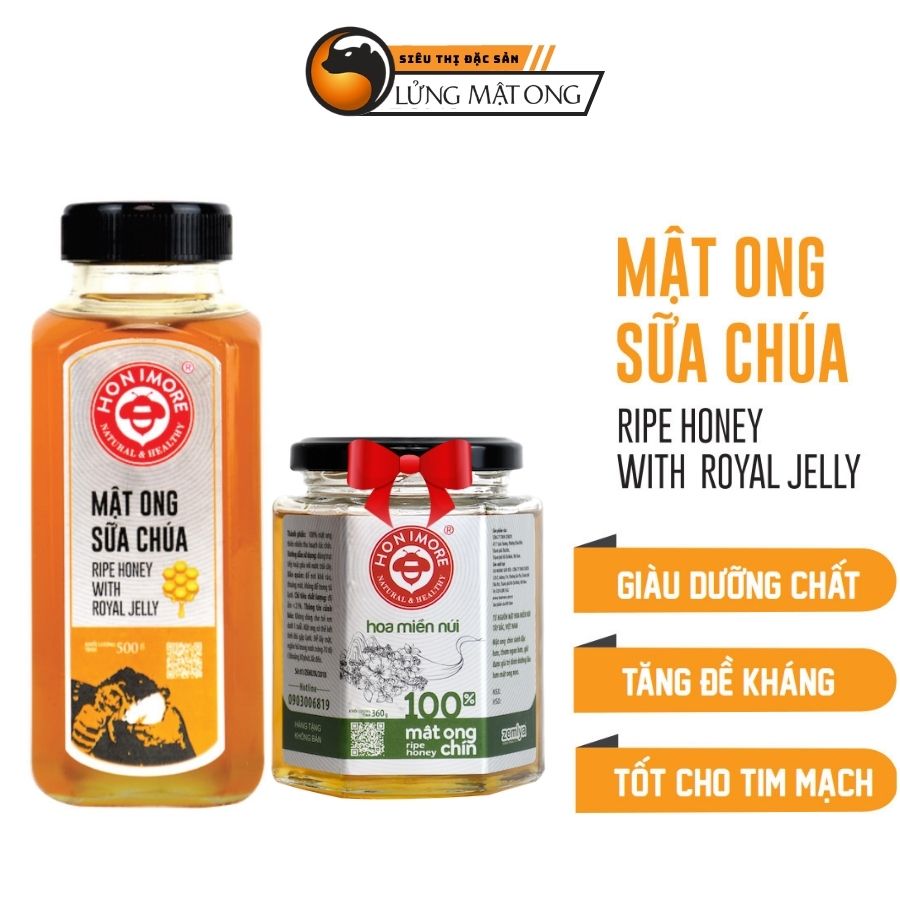 Combo Mật ong rừng sữa ong chúa Honimore 500g và mật ong rừng nguyên chất Honimore 360g - Giúp đẹp da, tăng cường sức đề kháng