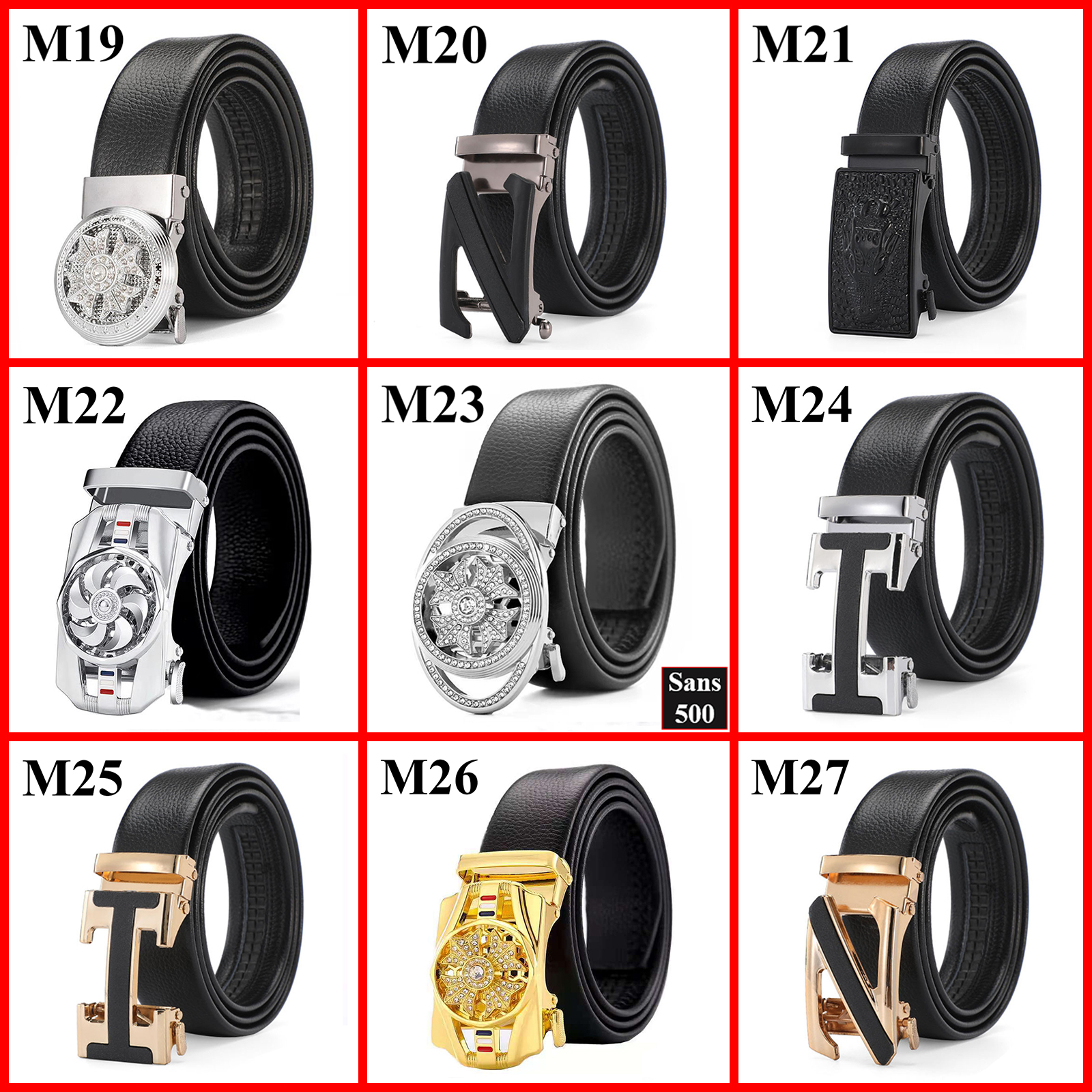 Thắt lưng nam da cao cấp Sans500 dây nịt mặt khoá tự động xoay đính đá đen đẹp sang trọng lịch lãm thời trang full đen