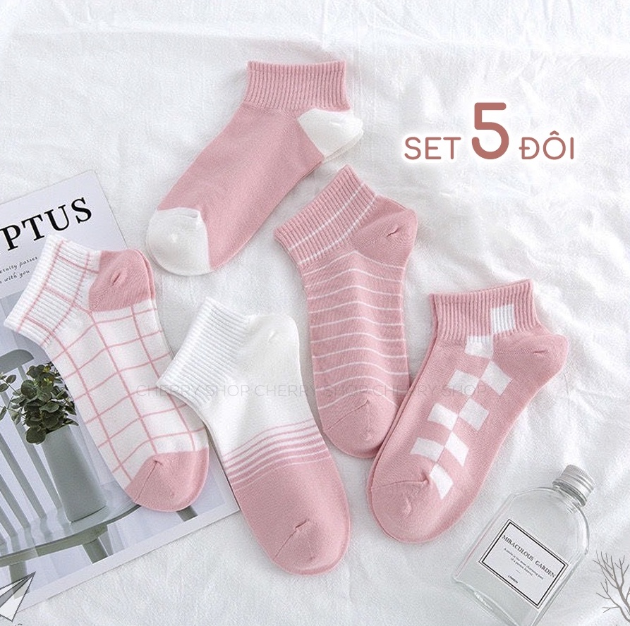 Tất nữ vớ nữ cổ ngắn set 5 đôi họa tiết cute dễ thương kèm túi - màu hồng caro