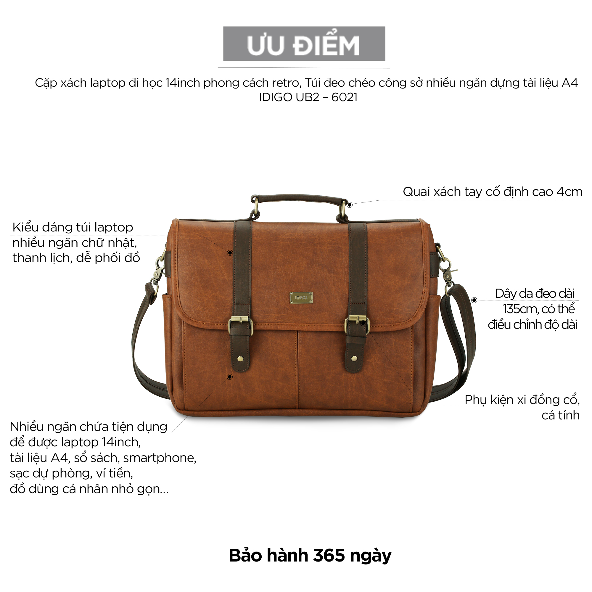 Cặp da đựng laptop đi học 14 inch IDIGO UB2 - 6021, túi xách công sở nam nữ nhiều ngăn đựng tài liệu A4