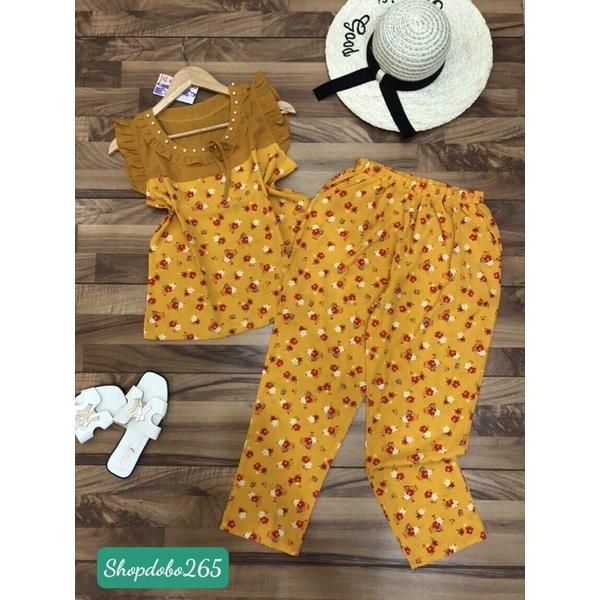 Đồ bộ nữ,đồ ngủ mặc nhà vải lụa phối tằm ý họa tiết hoa nhí quần dài cổ kết cườm dễ thương size 47-60kg.