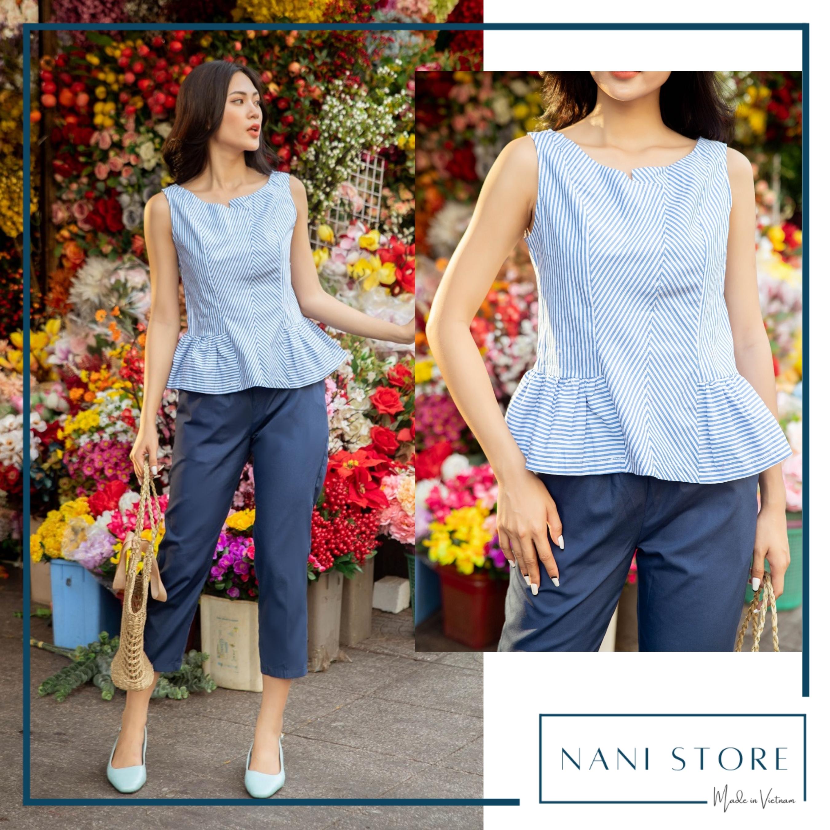 Đồ bộ dài sọc xanh dương cổ lệch quần trơn